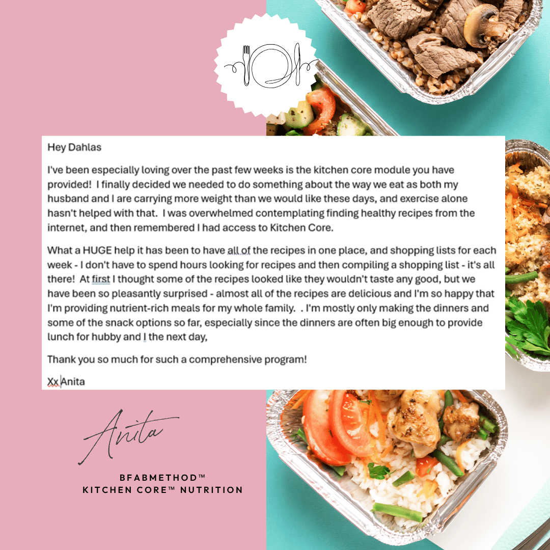 Kitchen Core nutrition supporting women's health with family-friendly meal plans designed for pregnancy, postpartum perimenopause-GLP1-dahlas-female fitness-personal-trainer